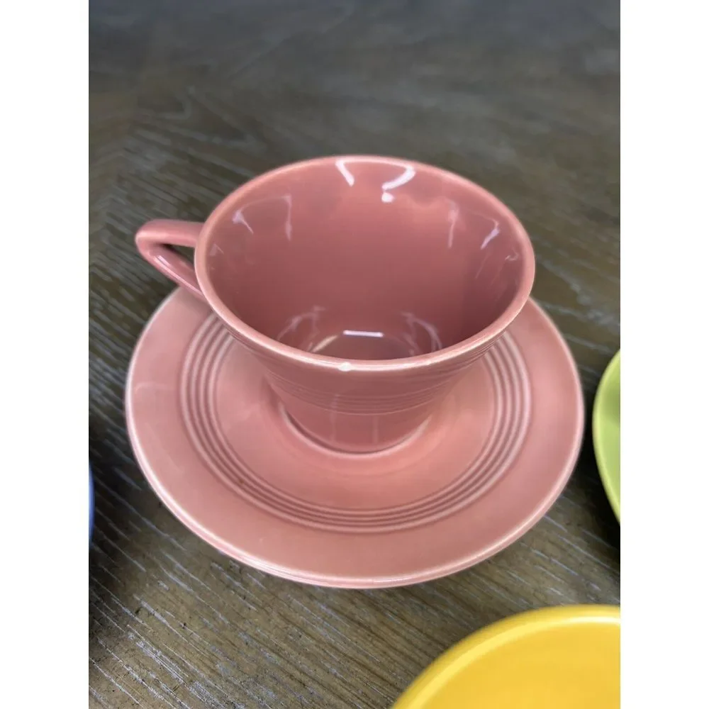 Homer Laughlin China - Harlequin 4 Cups 3‎ Saucers - Chartreuse Yellow Blue Rose